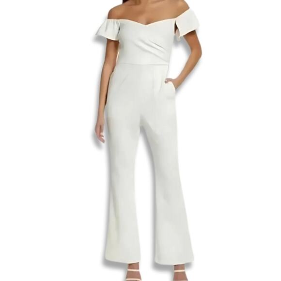 Chelsea 28 Off Shoulder Jumpsuit Surplus Neck Flutter Sleeve White W US S NWOT - Picture 1 of 9